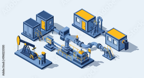 Isometric Oil and Gas Industry Infrastructure with Pumpjack and Pipelines.