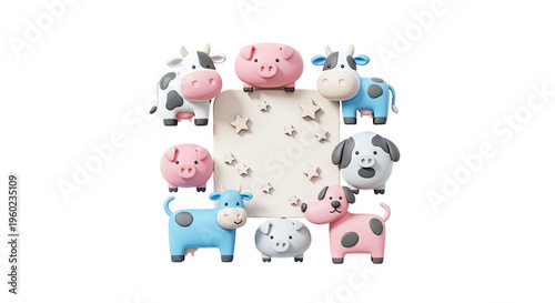 Cute 3D Farm Animal Characters Around a Star-Studded Plaque