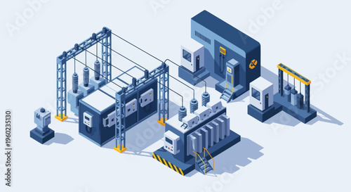 Isometric Power Station and Electrical Substation Infrastructure.