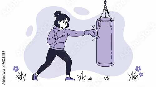Empowered Young Woman in Athletic Wear Training with Punching Bag, Engaged in Dynamic Boxing Workout for Fitness and Strength