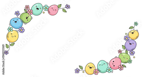 Colorful Easter eggs and bunnies decorate a border with pastel flowers on a white background for a festive social media template or icon design