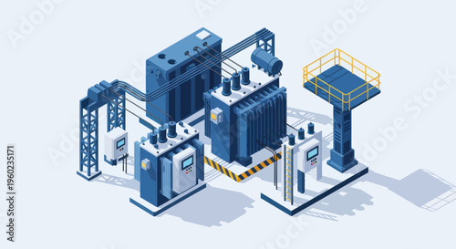Isometric Power Substation with Transformers and Electrical Equipment.
