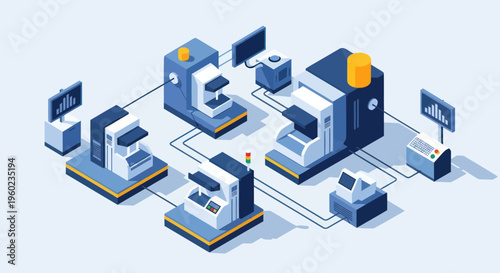 Isometric Smart Factory with Automated Production Line and Robotic Machinery.