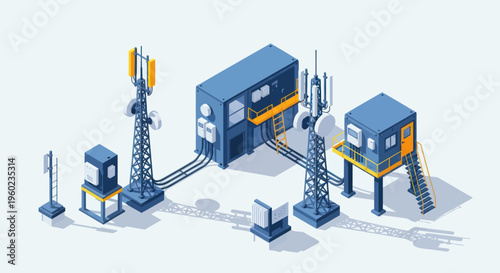 Isometric Telecommunication Network Infrastructure with Towers and Server Cabinets.