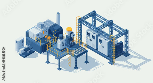 Modern automated manufacturing plant with robotic arm and control panel.