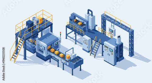 Modern automated industrial production line with machinery and conveyor belts.