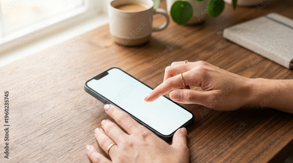 Obraz premium Hand touching smartphone with white blank screen on wooden table