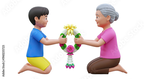Boy and Grandma Presenting a Flower Garland
