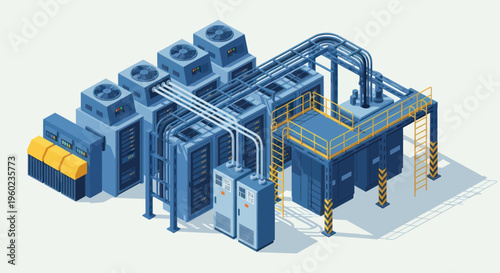 Modern Industrial Data Center Server Racks and Cooling Systems.