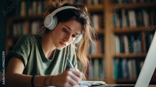 Focused Scholar Engaged in Studies: A concentrated individual, immersed in a study session, meticulously takes notes while utilizing modern technology amidst a collection of books.