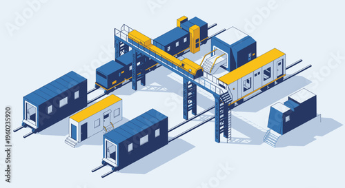 Modern industrial factory with automated machinery and train cars.