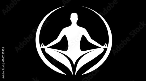 White silhouette of a person meditating in lotus pose within an elegant circular frame, symbolizing peace, yoga, and mindfulness.