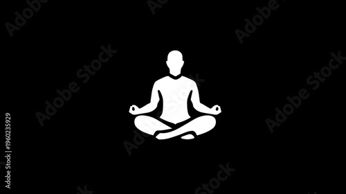 White silhouette of person meditating in lotus pose, symbolizing peace, tranquility, and mindfulness on black background