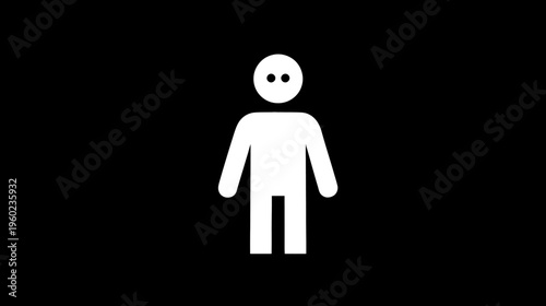 Minimalist white person icon, user avatar, or stick figure graphic symbol on a black background. Simple flat design for interface.