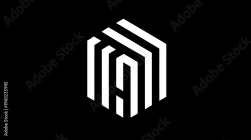 Abstract geometric hexagonal shape design with clean white lines on a black background. Modern minimalist digital graphic for technology and business.