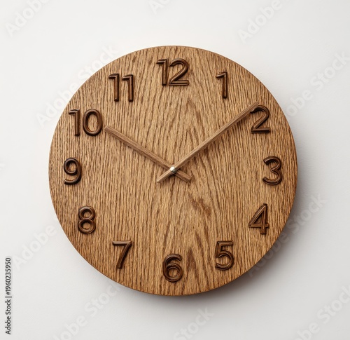 A round, wooden wall clock with carved numbers and hands, isolated on white