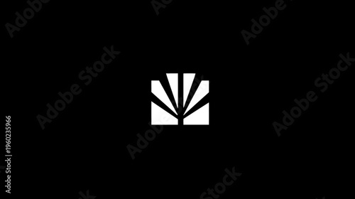 Abstract geometric white symbol with radiating fan shapes on black background, modern minimalist graphic design element.