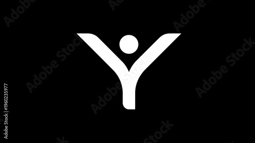Minimalist white abstract human figure with outstretched arms reaching upwards on a black background, symbolizing success, freedom, or joy.