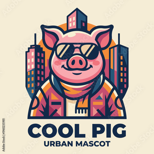 This vibrant illustration features a cool pig character wearing sunglasses, exuding an urban vibe against a backdrop of stylized city buildings, perfect for branding.