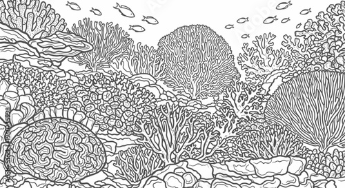 Detailed underwater coral reef scene with marine fish, intricate line art illustration for coloring book. Ocean ecosystem background.