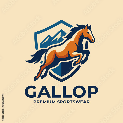A dynamic horse leaps across a shield, symbolizing strength and agility, designed for premium sportswear. This stylish artwork embodies movement and premium quality.