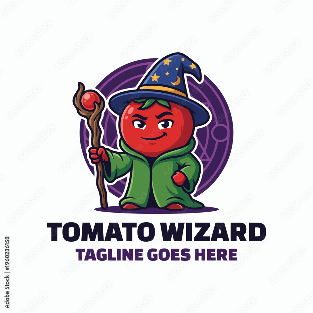 Fototapeta premium A fun and playful illustration featuring a tomato character dressed as a wizard, complete with a robe and a magic staff, set against a vibrant, enchanted background.