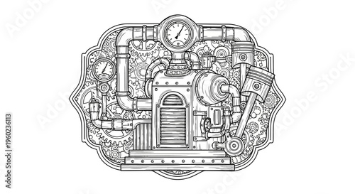 Detailed Steampunk Mechanical Illustration with Intricate Gears, Pipes, Gauges. Vintage Retro-Futuristic Engine Design Art.