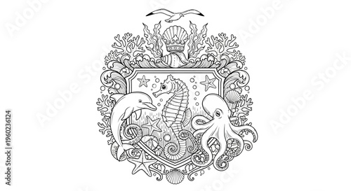 Intricate marine life crest illustration, featuring dolphin, seahorse, and octopus with corals and seashells. Detailed underwater animal line art emblem for coloring.
