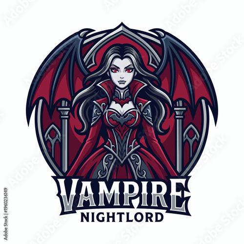 This captivating illustration showcases a mystical vampiress, complete with gothic attire and striking wings, set against an ornate, dark, and moody background reflecting vampiric allure.