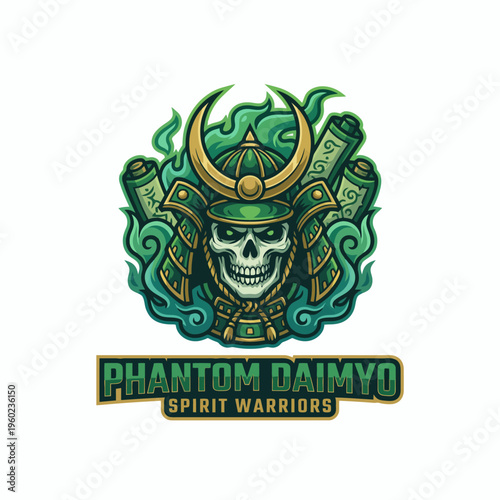 This powerful illustration depicts a samurai skull adorned with traditional armor and surrounded by mystical elements, representing the spirit warriors of ancient Japan.