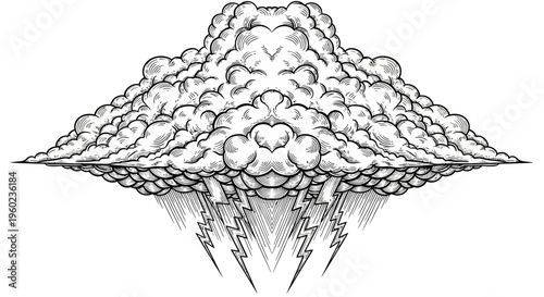 Detailed Engraved Storm Cloud with Lightning Bolts. Hand-drawn vintage style thunderstorm graphic element, black and white vector art.