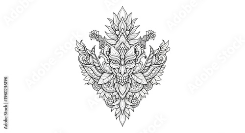 Intricate Mythological Creature Mask Illustration with Ornate Floral Pattern. Traditional Asian Guardian Spirit Line Art Vector