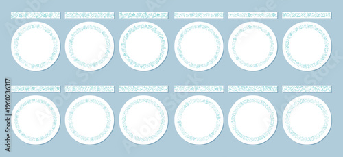 Seamless border set with expedition theme in outline doodle style and circle decoration pattern. Hiking inspiration, travel concept and camp adventure motif combine as contour nature border for