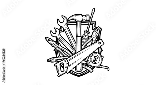 Hand Tools Emblem Illustration for Construction, Repair, and Maintenance. Vintage Style Workshop Equipment Design