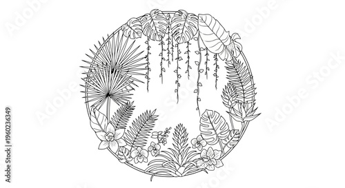 Detailed tropical botanical line art illustration with exotic jungle leaves and flowers forming a decorative circular frame