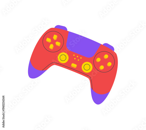 Cartoon gamepad sticker with trendy joystick and patch style. Controller for gamer and gadget fan, joypad for entertainment video game item, y2k accent, flat colorful element.