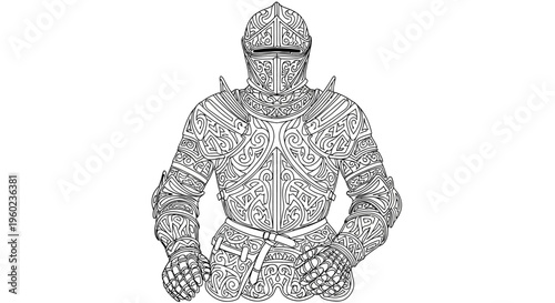 Highly detailed and ornate medieval knight's suit of armor, intricate historical protective gear, vintage line art illustration