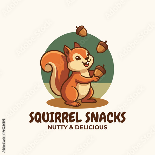 A charming illustration of a joyful squirrel juggling acorns, exuding happiness and playfulness, perfect for snack brands or children's products emphasizing fun and enjoyment.