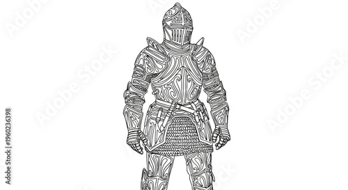 Detailed medieval knight's full plate armor illustration. Vintage style drawing of historical warrior protective suit.