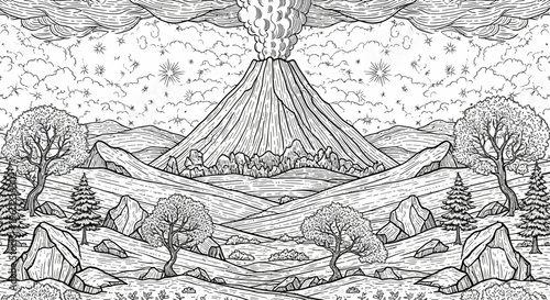 Hand-drawn line art illustration of an erupting volcano with smoke and ash, set in a panoramic natural landscape with trees, hills, and clouds.