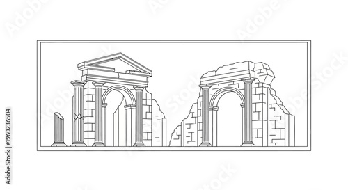Line Art Illustration of Ancient Ruined Classical Architecture with Arches, Columns, and Stone Structures