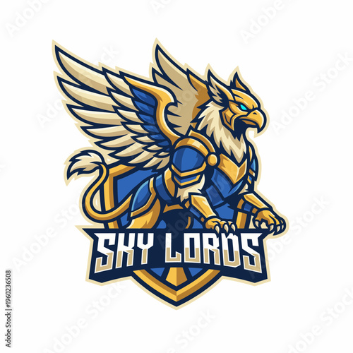 An impressive griffin with majestic wings and armor represents the Sky Lords gaming theme, combining strength and nobility in a striking, modern design with vibrant colors.