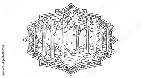 Detailed hand-drawn line art illustration of an autumn forest scene with bare trees and a winding path in an ornate frame, ideal for coloring books.