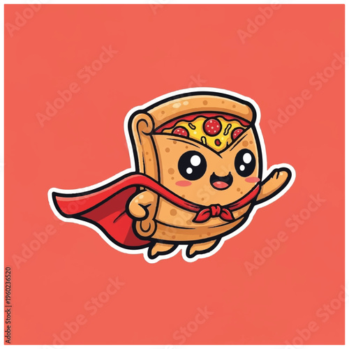 A cartoon pizza wearing a red cape and a crown, presented on a solid orange background. Perfect for food marketing, kids' menu, and advertising materials.