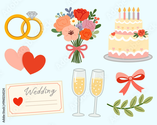 Wedding Elements Collection in Flat Style for Romantic Ceremony Design Set