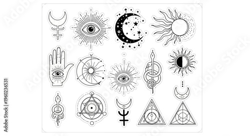 Mystical Esoteric Occult Celestial Vector Line Art Set with Sun, Moon, All-Seeing Eye, Snake, Alchemy & Sacred Geometry Symbols