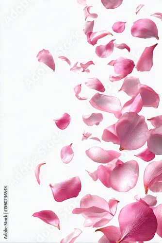 Pink flower petals gently falling from above against a white, clean background