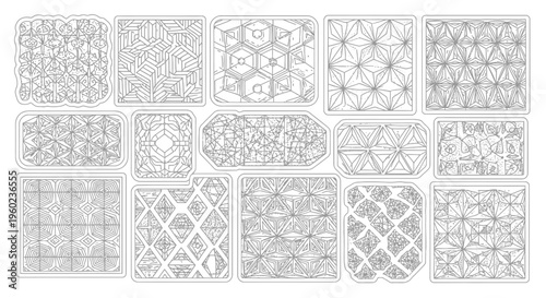 Intricate Abstract Geometric Patterns Collection. Black and white line art designs, decorative tiles, Zentangle style, vector elements.