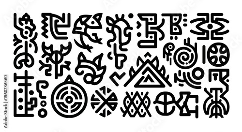 Diverse collection of abstract tribal symbols, ancient ethnic glyphs, and primitive geometric icons. Modern decorative vector elements.
