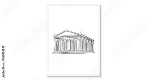 Classical Greek Temple Line Art Illustration. Ancient Architectural Structure Drawing, Historic Building Outline Sketch for Design.